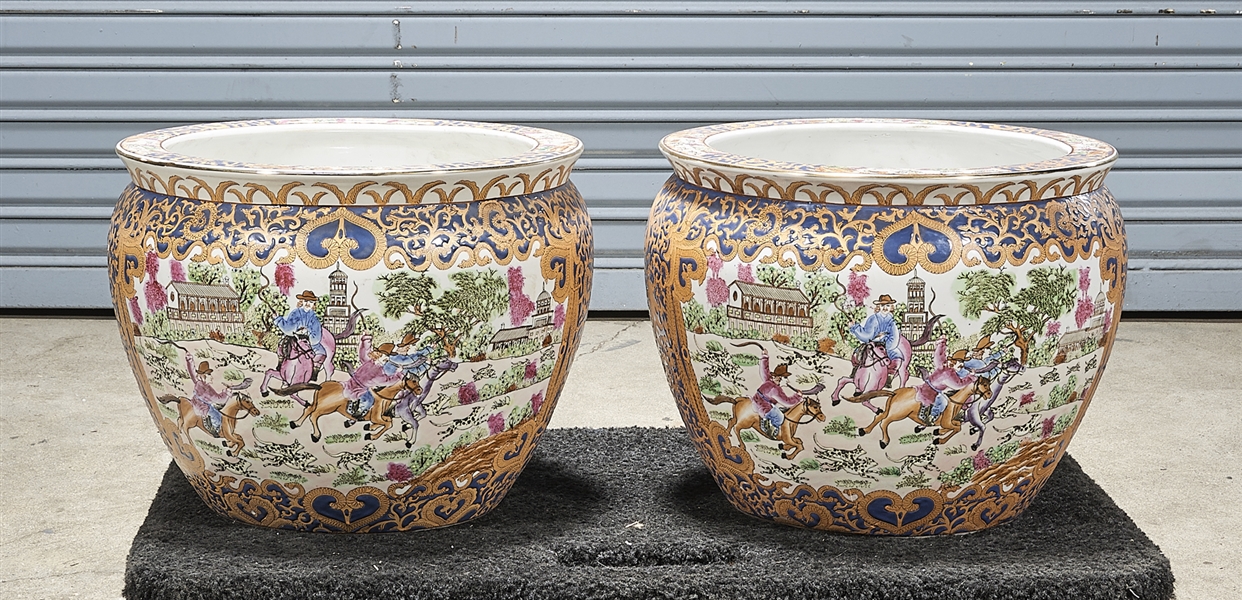 Appraisal: Pair of Chinese enameled porcelain fish bowls depicting Western-style scenes