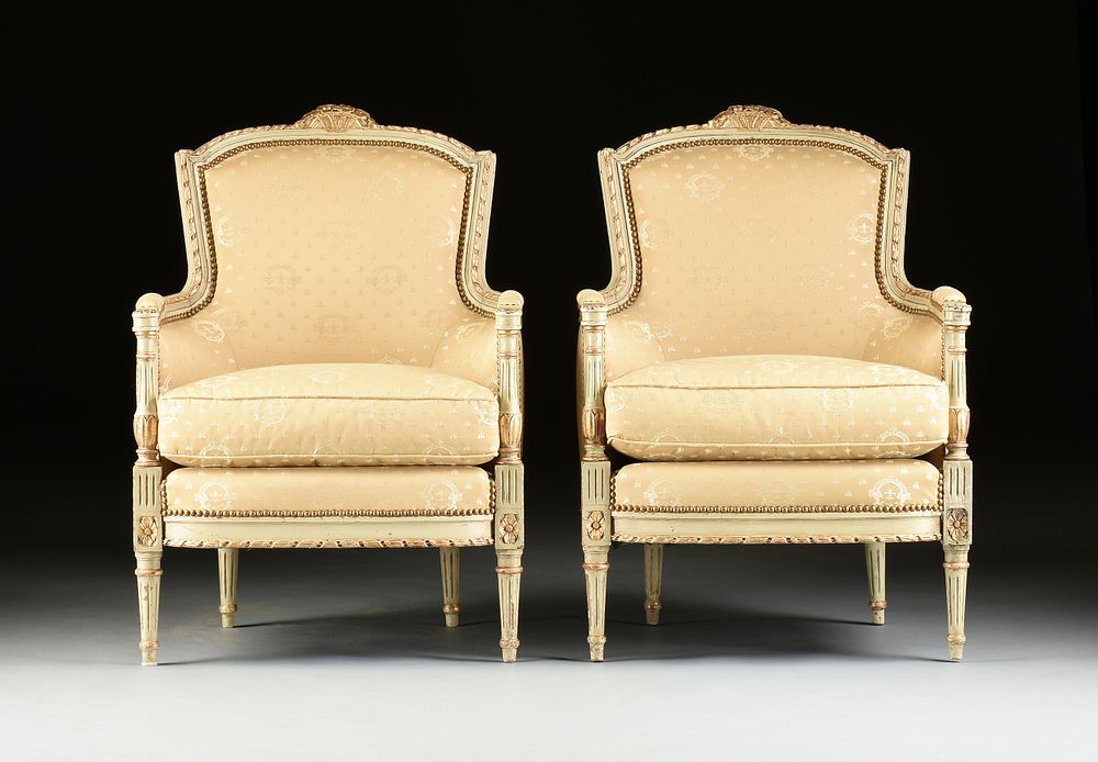 Appraisal: A PAIR OF LOUIS XVI STYLE SILK UPHOLSTERED PARCEL GILT