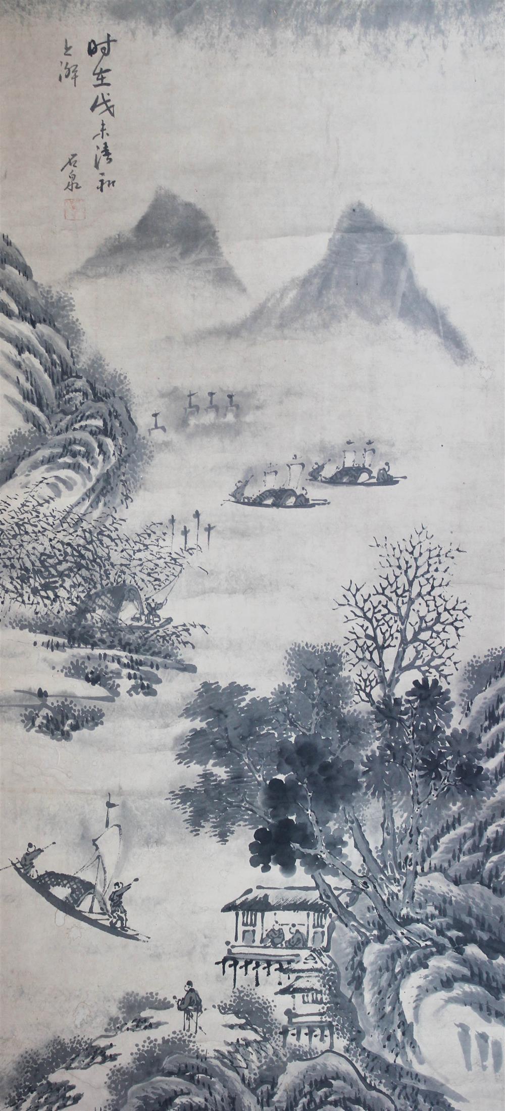 Appraisal: JAPANESE BOATS Ink on paper mounted on hanging scroll x