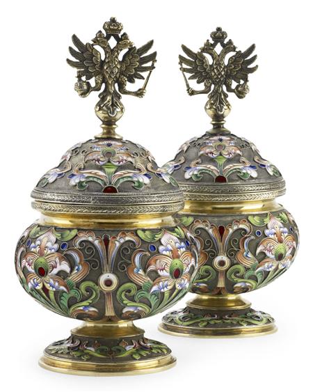 Appraisal: A pair of Russian silver-gilt and cloisonn enamel cups and