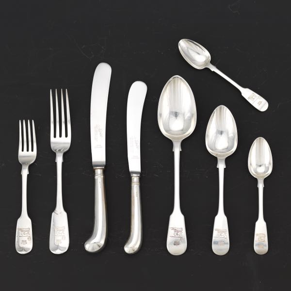 Appraisal: ENGLISH STERLING SILVER FLATWARE COLLECTION FIDDLEBACK PATTERN Sterling silver flatware