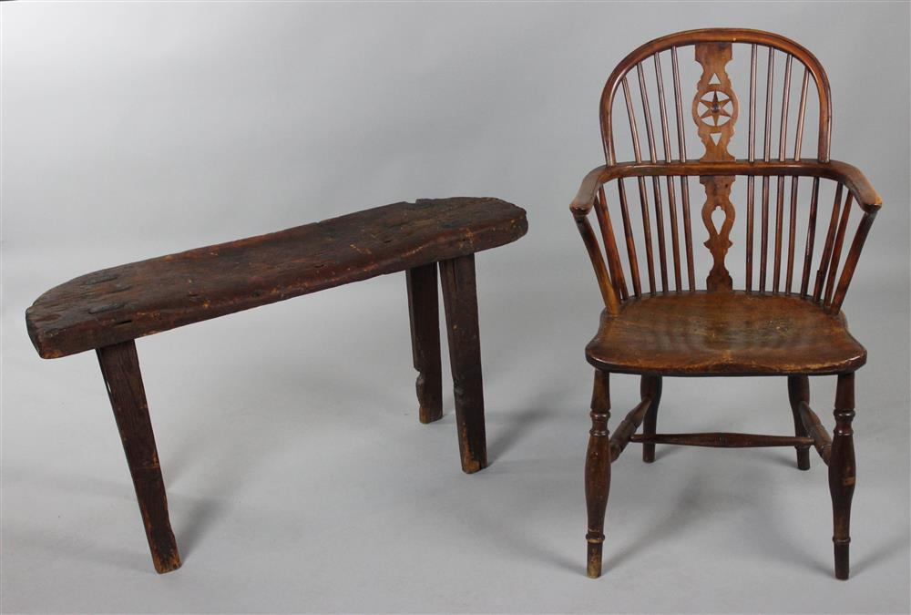 Appraisal: ENGLISH MIXED WOOD SACK BACK WINDSOR ARM CHAIR TOGETHER WITH