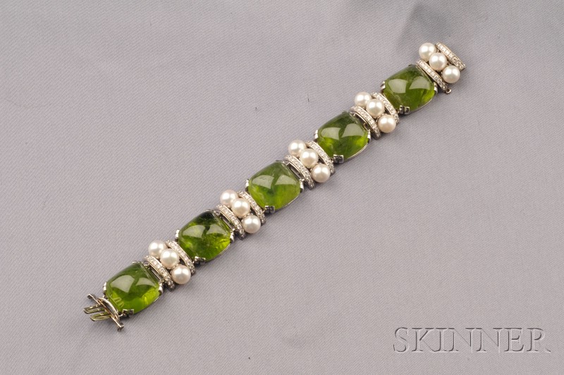 Appraisal: kt White Gold Peridot Cultured Pearl and Diamond Bracelet Seaman