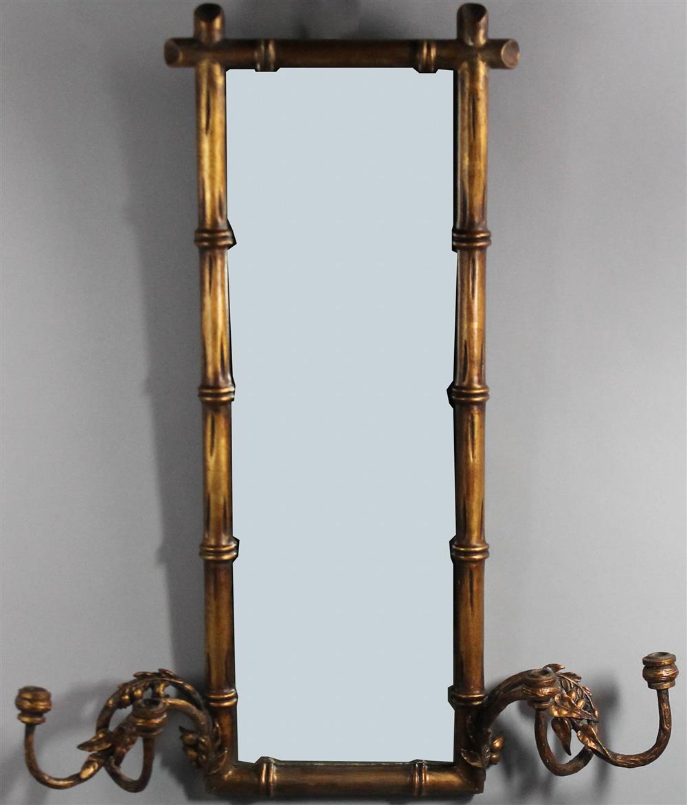 Appraisal: ENGLISH RECTANGULAR GILT BAMBOO STYLE MIRROR WITH TWO CANDLE ARMS