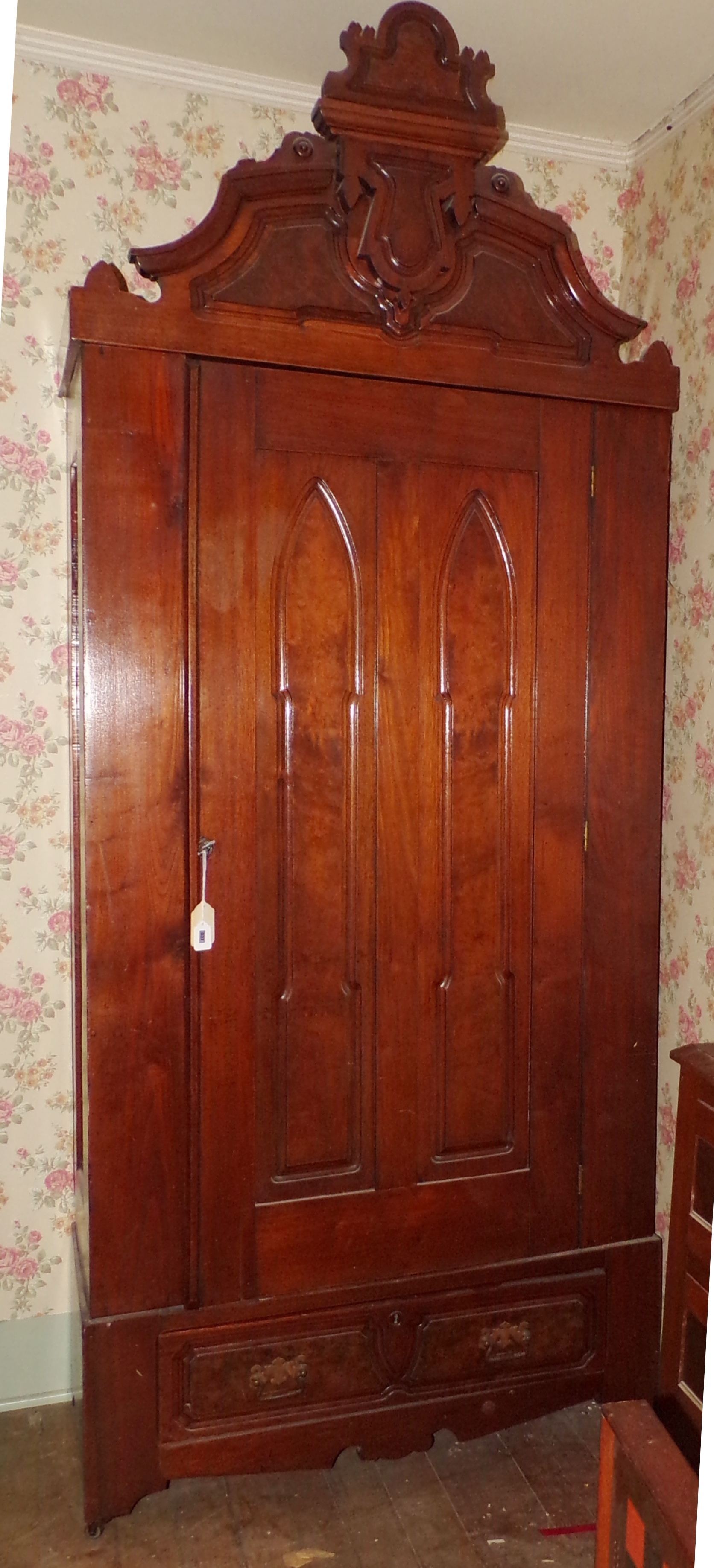 Appraisal: Victorian walnut wardrobe ca 's door over drawers gothic arched