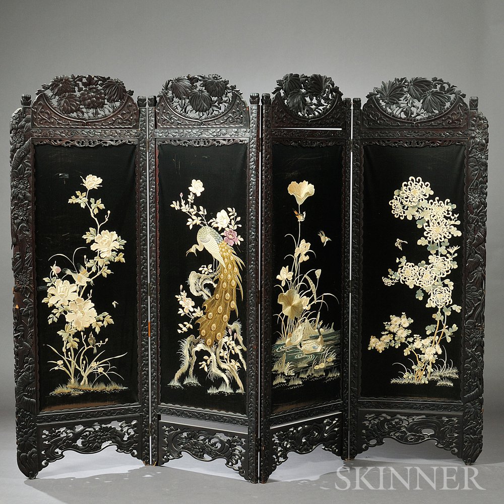 Appraisal: Four-panel Floor Screen China the frames with carved wood openwork