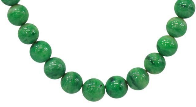 Appraisal: Estate green jade beaded necklace one hundred and fourteen graduated