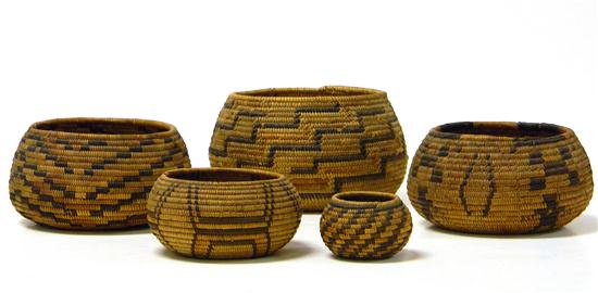 Appraisal: Five Early American Indian miniature gift baskets geometric and figural