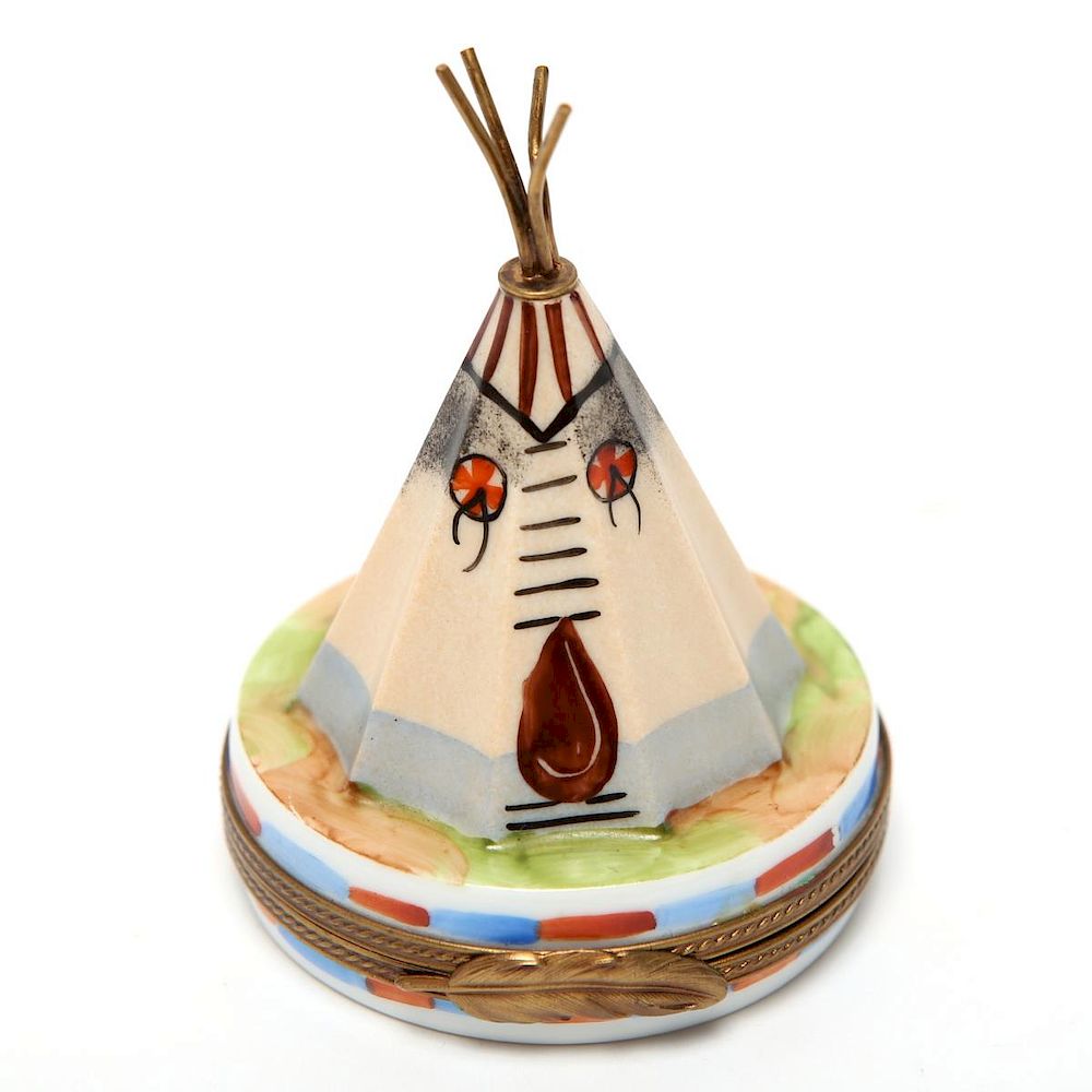 Appraisal: Limoges Porcelain Box Plains Indian Teepee-Form GR Limoges porcelain trinket