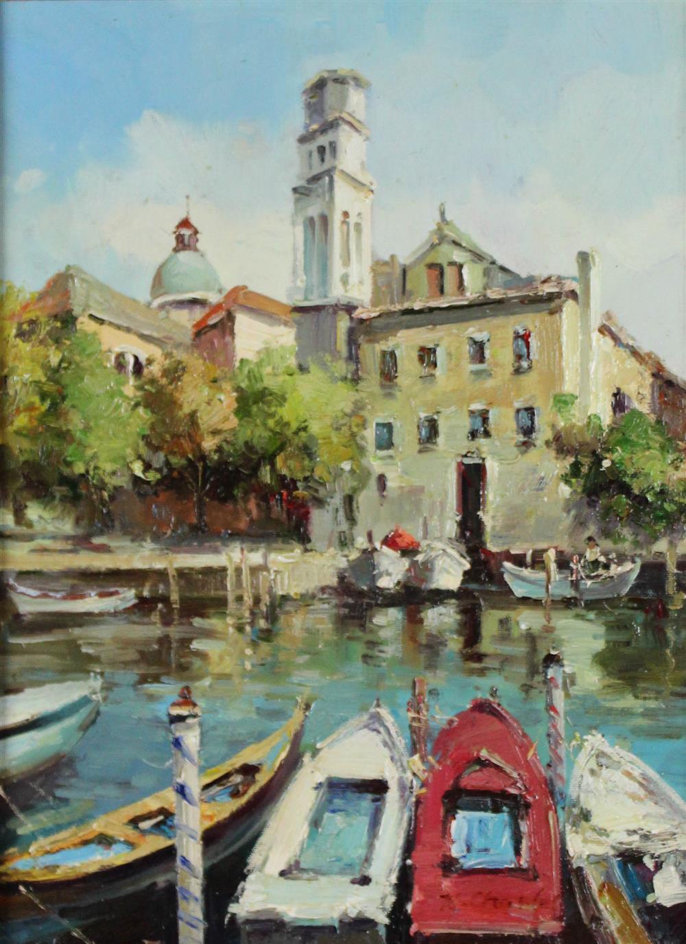 Appraisal: K CHAN TH CENTURY HARBOR SCENE Oil on canvas x