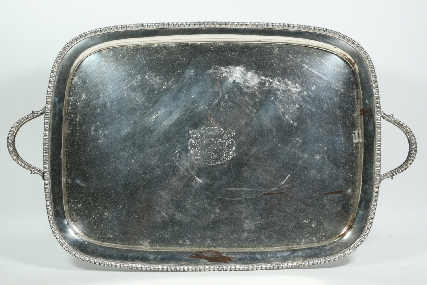 Appraisal: SILVER ON COPPER ARMORIAL SERVING TRAY Large Late th -