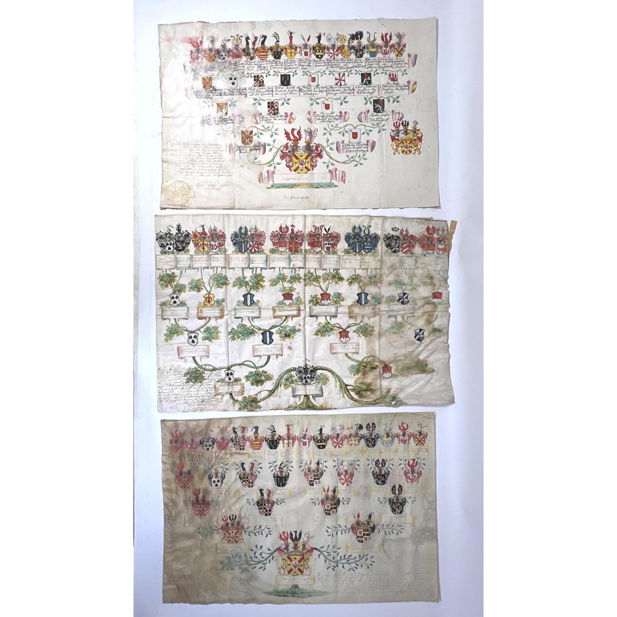 Appraisal: pc Hand Colored Antique Pieces Family Tree with coats of