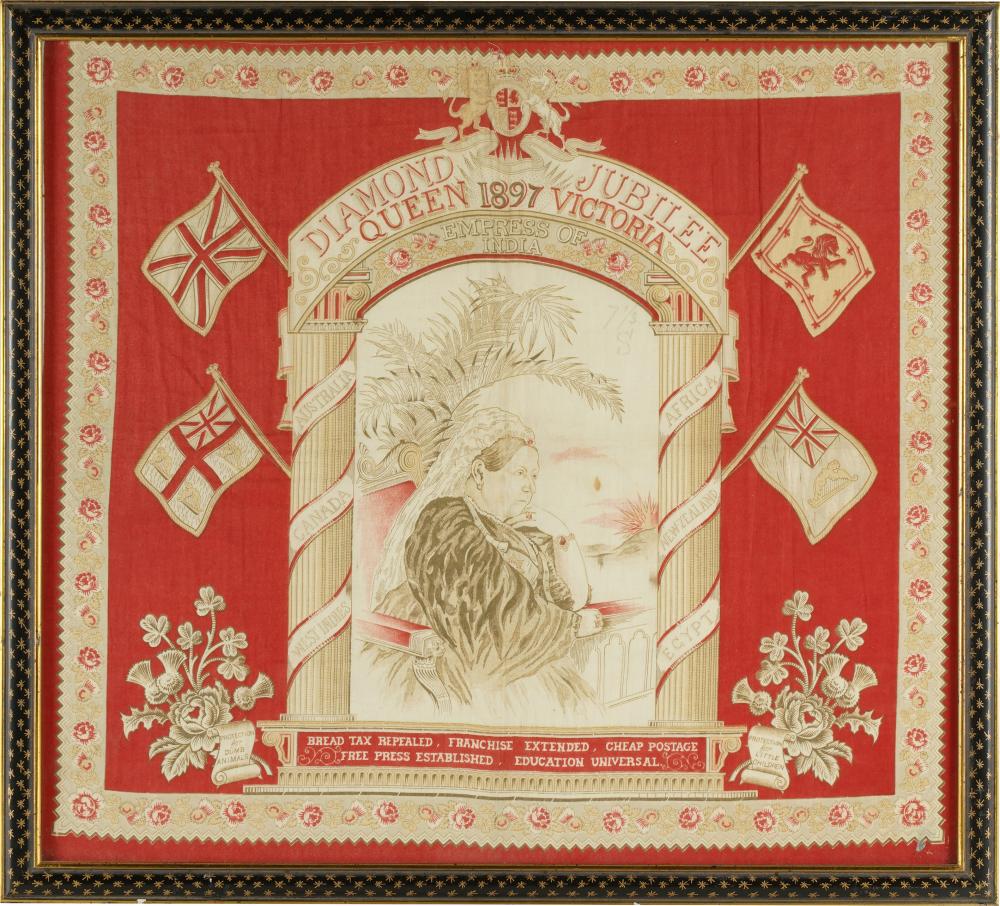 Appraisal: VICTORIAN ROYAL SOUVENIR SCARFcommemorating Queen Victoria's Diamond Jubilee printed fabric