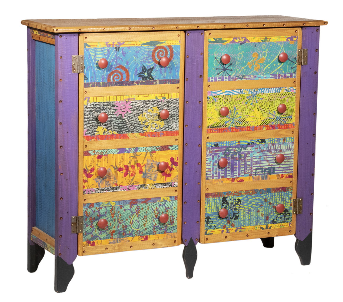 Appraisal: MODERN FOLK ART PAINTED SHALLOW CABINET BY SHOESTRING CREATIONS OF