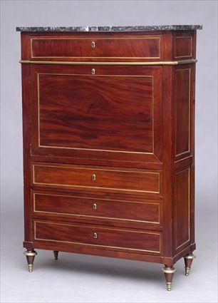 Appraisal: LOUIS XVI BRASS-MOUNTED MAHOGANY SECRETAIRE ABATTANT The case fitted with