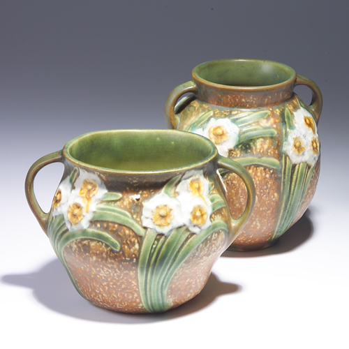 Appraisal: Two ROSEVILLE Jonquil vases and Fleck to base ring of