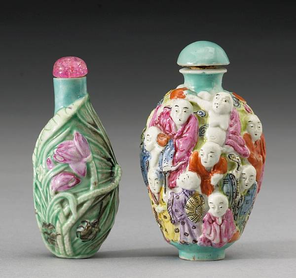 Appraisal: Two famille rose enameled porcelain snuff bottles The first of