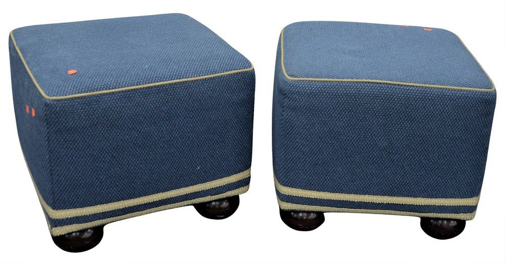 Appraisal: Pair of Custom Ottomans in blue and yellow upholstery height