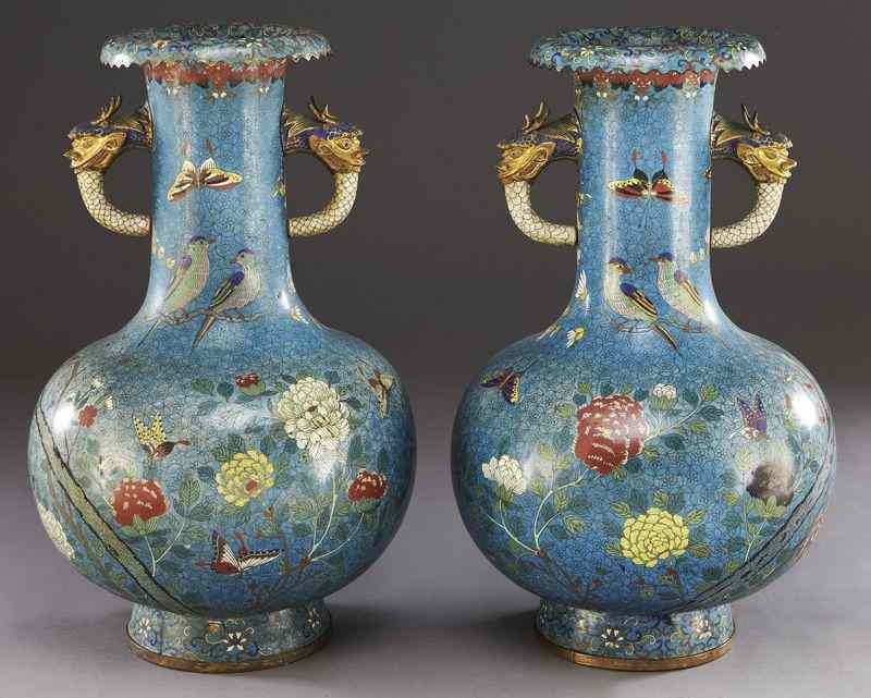 Appraisal: Pr Impressive Chinese Qing cloisonne vaseswith dragon's head handles the