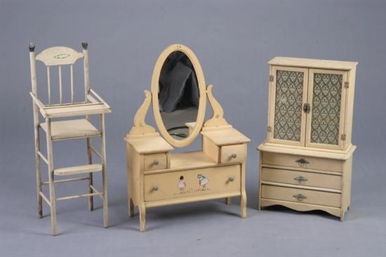 Appraisal: THREE PIECE PAINTED DOLL FURNITURE SUITE early th century Including