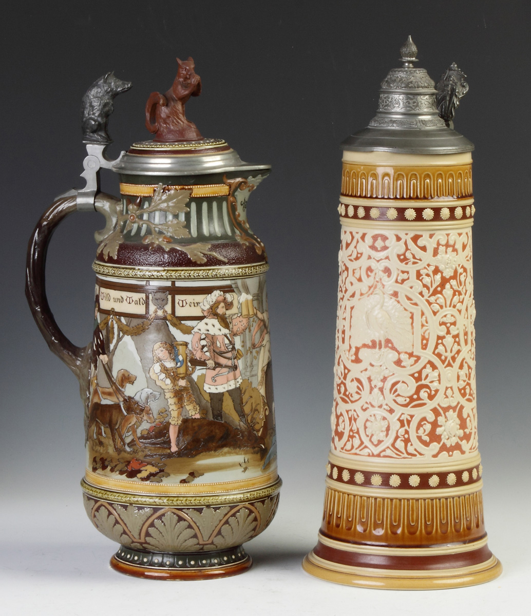 Appraisal: Mettlach Tankard with Hunting Celebration Scene Squirrel finial boar handle