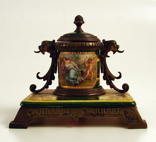 Appraisal: Cylindrical inkwell with reseerve painted with lady and Cupid paired