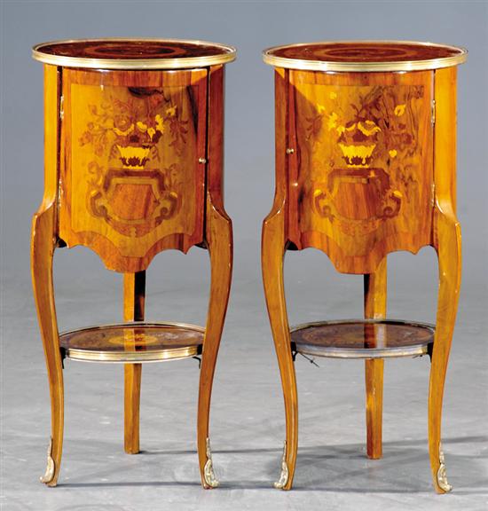 Appraisal: Pair Continental mixed wood and marquetry bedside tables circular top