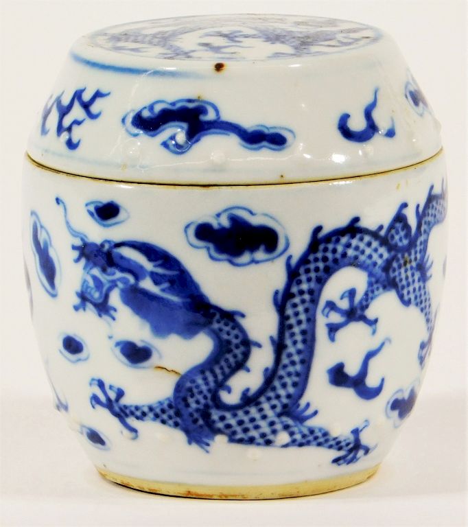 Appraisal: Chinese Blue White Porcelain Dragon Tea Caddy China th- th