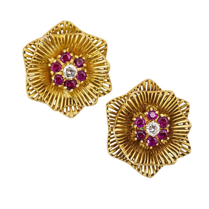 Appraisal: KUTCHINSKY K GOLD RUBY AND DIAMOND EARRINGS Cast and built