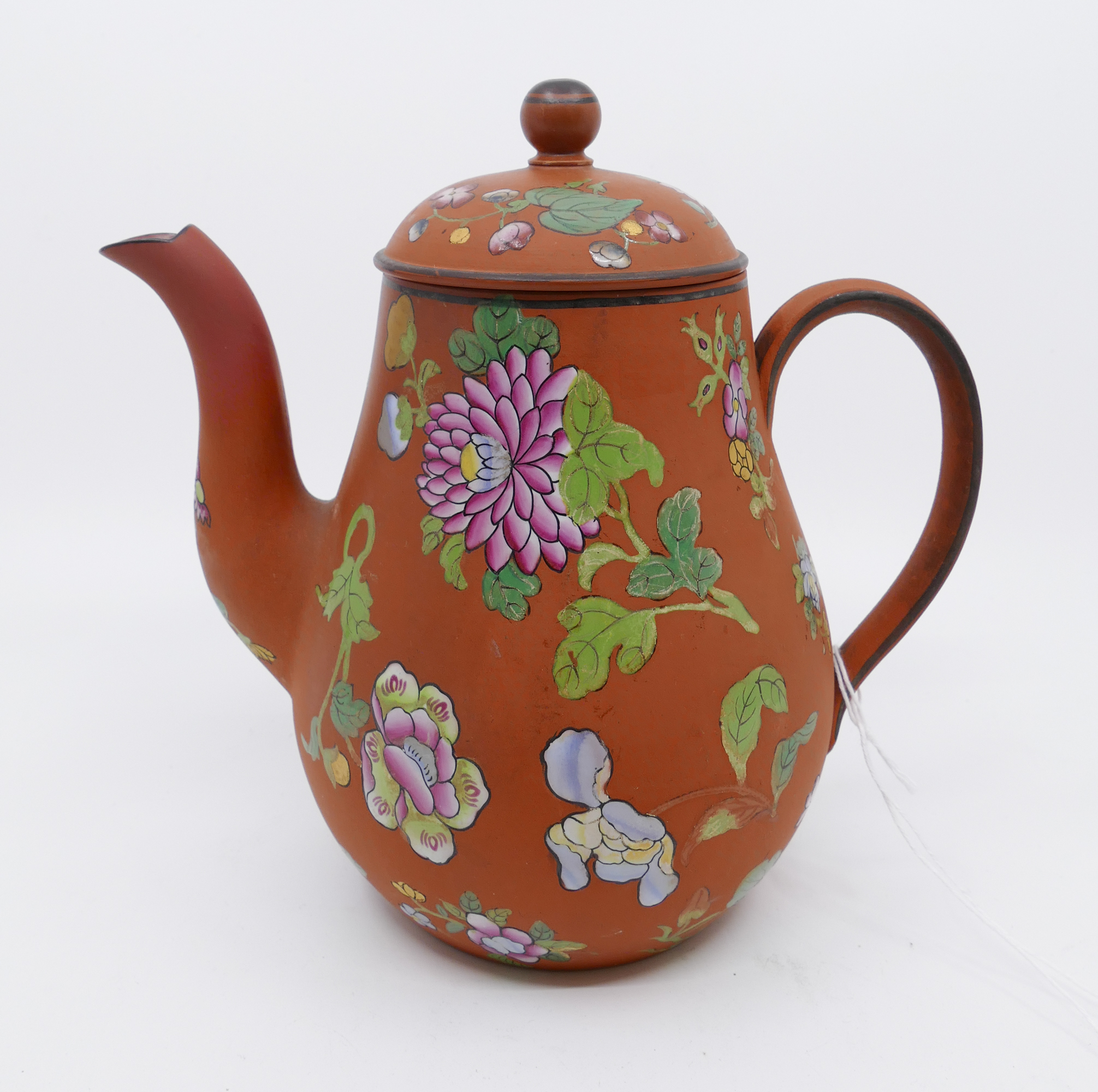 Appraisal: Wedgwood Rosso Antico Enameled Floral Small Teapot Stamped 'M' Professional