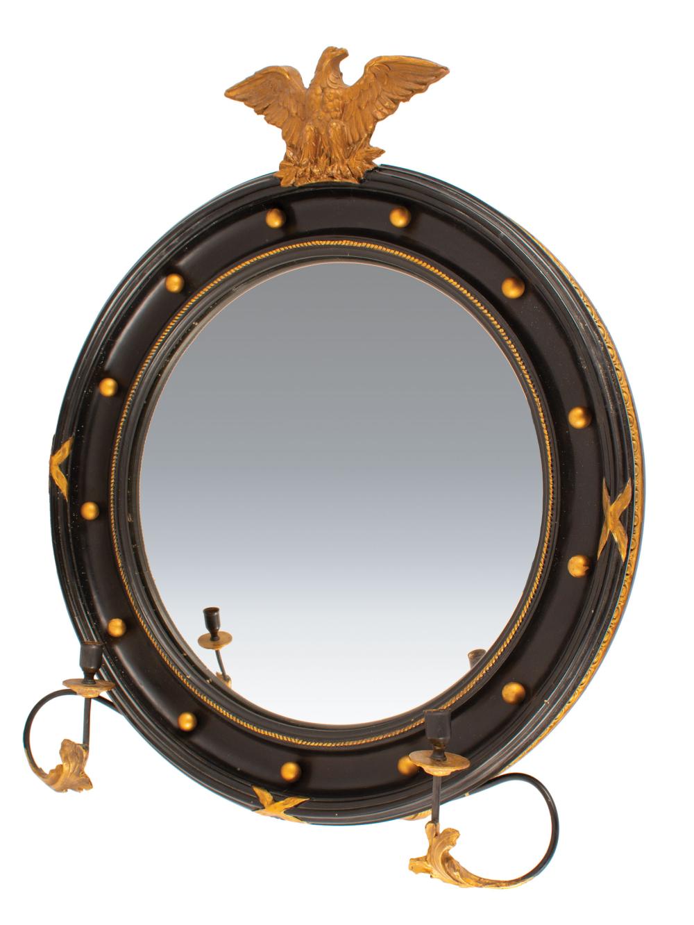 Appraisal: Regency-Style Painted and Parcel Gilt Convex Girandole Mirror spreadwing eagle