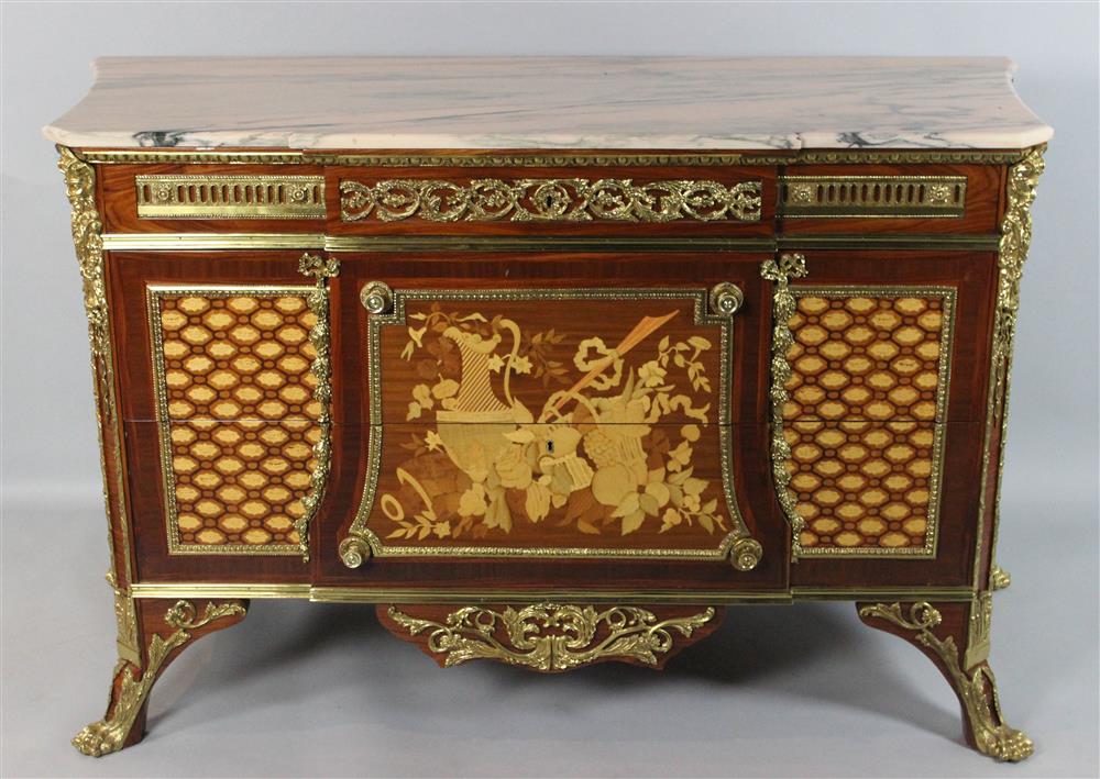 Appraisal: LOUIS XVI STYLE ORMOLU MOUNTED MARQUETRY COMMODE faux marble composite