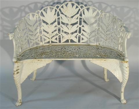 Appraisal: WHITE PAINTED WROUGHT IRON GARDEN BENCH th century the scalloped