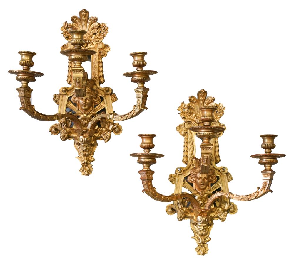 Appraisal: PAIR OF BAROQUE-STYLE GILT BRONZE WALL SCONCES th century each