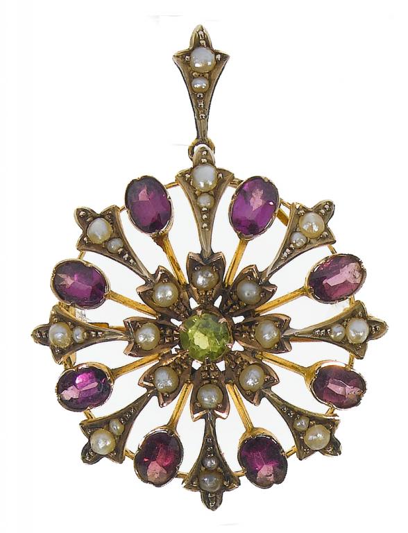 Appraisal: SUFFRAGETTE JEWELLERY AN AMETHYST PERIDOT AND SEED PEARL BROOCH-PENDANT in