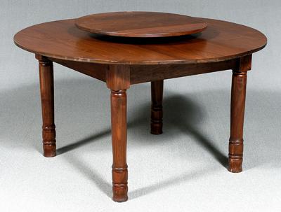 Appraisal: Large walnut lazy-Susan table swiveling top on wrought iron support