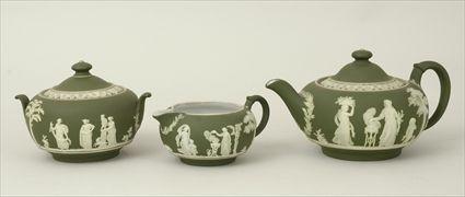 Appraisal: Wedgwood Green Jasperware Three-Piece Tea Service Comprising teapot sugar bowl