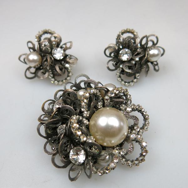 Appraisal: Miriam Haskell Silver Tone Metal Brooch And Earrings set with