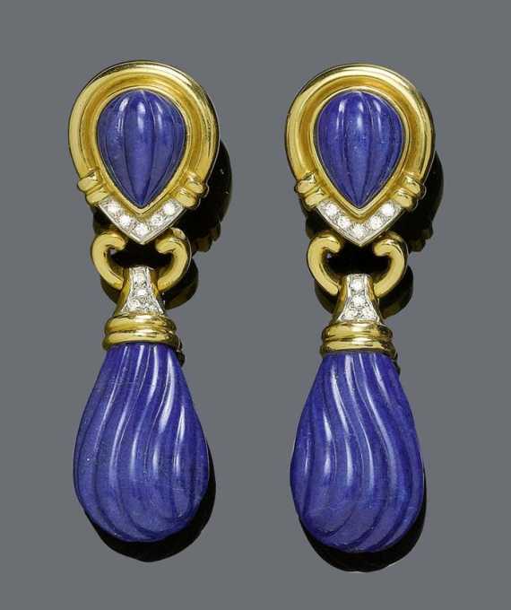 Appraisal: LAPIS LAZULI DIAMOND AND GOLD PENDANT EARRINGS Yellow gold Attractive