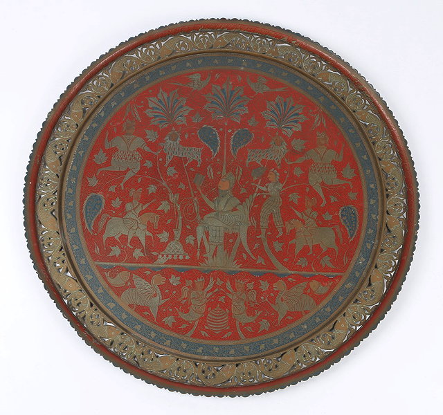 Appraisal: A MIDDLE EASTERN ENAMELLED COPPER TRAY with figure and foliate