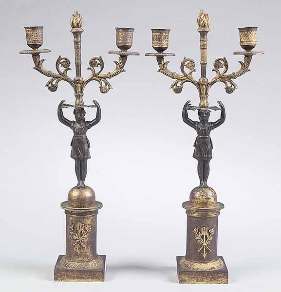 Appraisal: A Pair of French Empire-Style Patinated Bronze and Ormolu Two-Branch