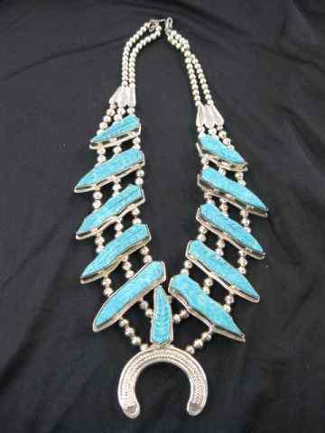 Appraisal: Indian Turquoise Squash Blossom Necklace sterling silver with carved leaf