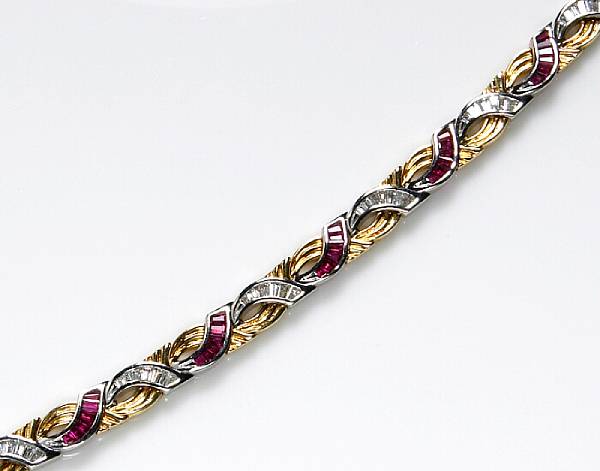 Appraisal: A ruby diamond and k bicolor gold bracelet estimated total