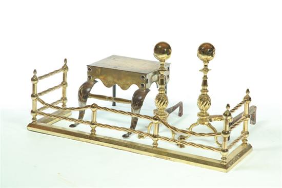 Appraisal: BRASS FIREPLACE FENDER ANDIRONS AND KETTLE STAND American or European