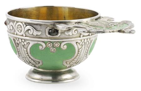 Appraisal: A Faberg jewelled silver and enamel charka Moscow - the