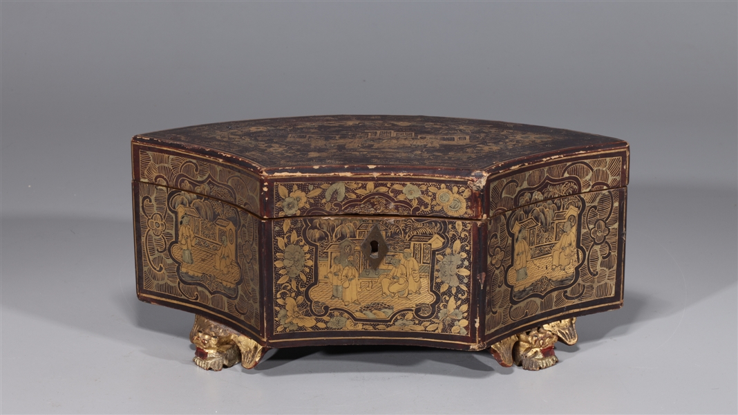 Appraisal: Chinese gilt lacquer fan-shaped wooden box with carved dragon feet