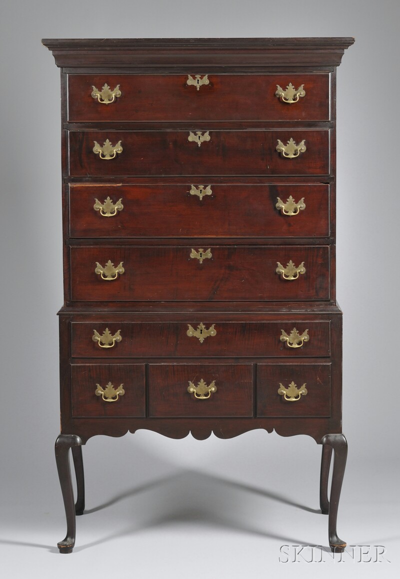 Appraisal: Queen Anne Tiger Maple and Cherry Flat-top Highboy refinished replaced