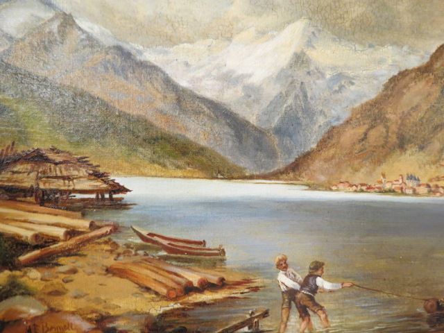 Appraisal: th Century Oil two young men bringing in floating logs