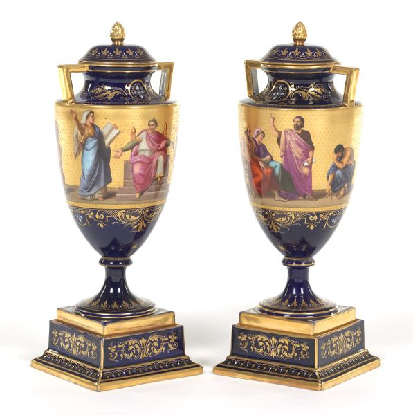 Appraisal: PAIR OF AUSTRIAN PORCELAIN LIDDED PICTORIAL VASES CA TH CENTURY