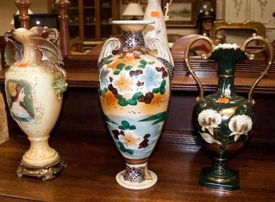 Appraisal: Victorian portrait ceramic urn Japanese Satsuma earthenware vase and two